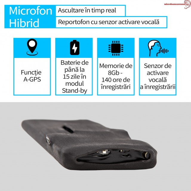Microfon GSM Hibrid cu Activare Vocala+Reportofon 8Gb+AGPS, 15 Zile Autonomie, Sunet UltraClear, Model Profesional ULTRABUG140