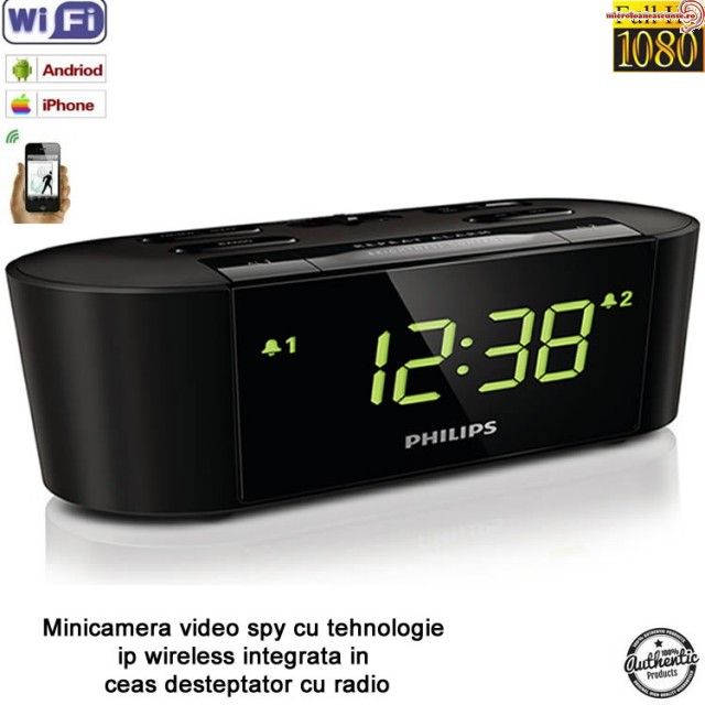 Micro camera video  WI-FI IP P2P, 32Gb camuflata in ceas de birou cu radio